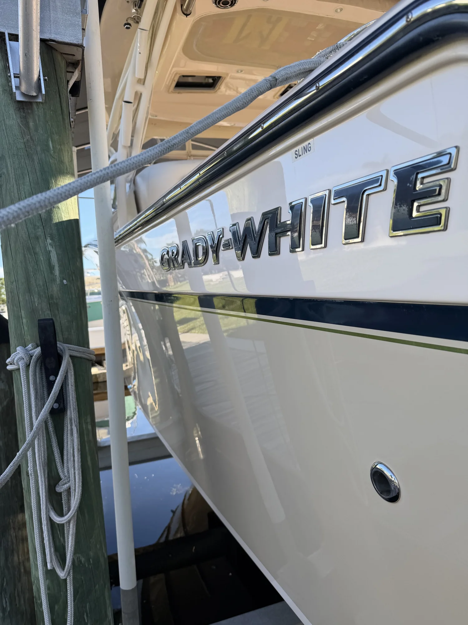Close-up of polished hull lettering by First Due Marine Co.