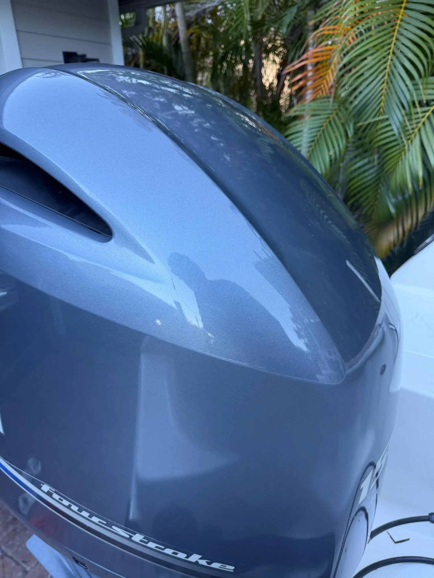Close-up of a polished Yamaha outboard cowling by First Due Marine Co.